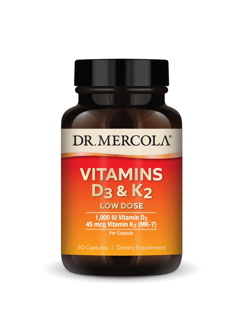 Dr. Mercola Vitamins D3 & K2 Low Dose, 1,000 IU Vitamin D3 & 45 mcg Vitamin K2 (MK-7) Per Capsule, 30 Capsules, Dietary Supplement  - Image 1