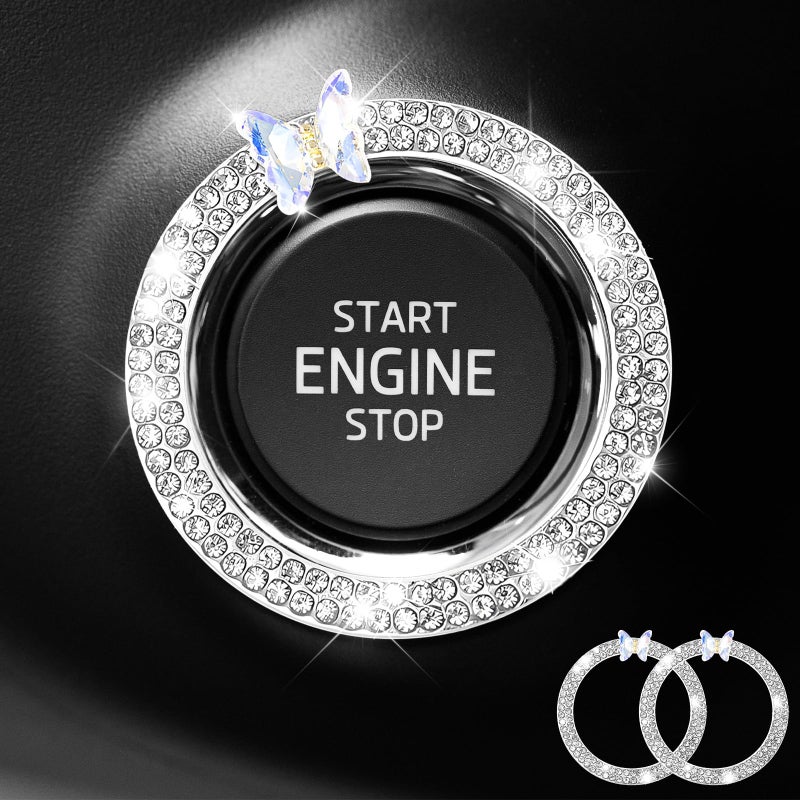 vvag 2 PCS Bling Ring Emblem Sparking Butterfly Car Button Rings and Knob Covers Girly Butterfly Rhinestone Car Engine Start Button Cover Key Ignition Starter Knob Ring Decor for Women White - Image 3