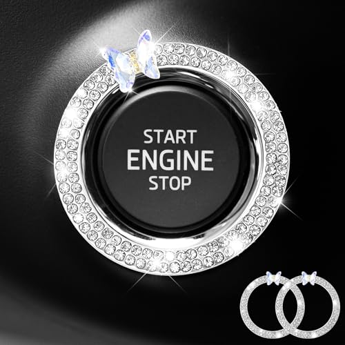 vvag 2 PCS Bling Ring Emblem Sparking Butterfly Car Button Rings and Knob Covers Girly Butterfly Rhinestone Car Engine Start Button Cover Key Ignition Starter Knob Ring Decor for Women White - Image 1