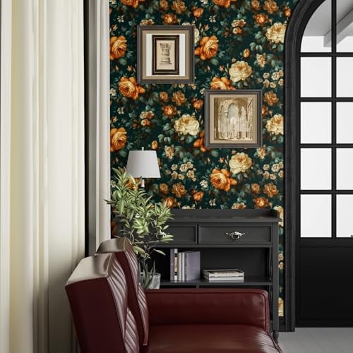 Fvlow Glowing Floral Peel and Stick Wallpaper Vintage Dark Green 17.4" x 118" Vinyl Wrap Worktop Covering Self Adhesive Removable Flowers Contact Paper for Cabinets Drawers Home Decor - Image 2