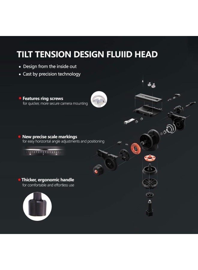 RAUBAY DV-1 Fluid Head Video Tripod 70.8" – Heavy Duty Aluminum Twin Tube Legs, 17.6lbs Max Load, 360° Pan & -75°/+90° Tilt, Quick Release Plate, For DSLR & Camcorder - Image 2