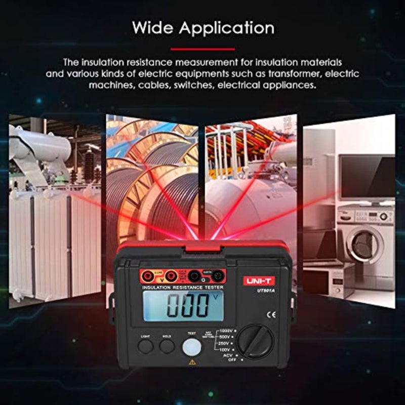 UT501A مقياس العزل للصيانة الكهربائية، جسم بلاستيكي ABS، أسود مع لمسات صفراء، نطاق تلقائي وإضاءة خلفية LCD - Image 3