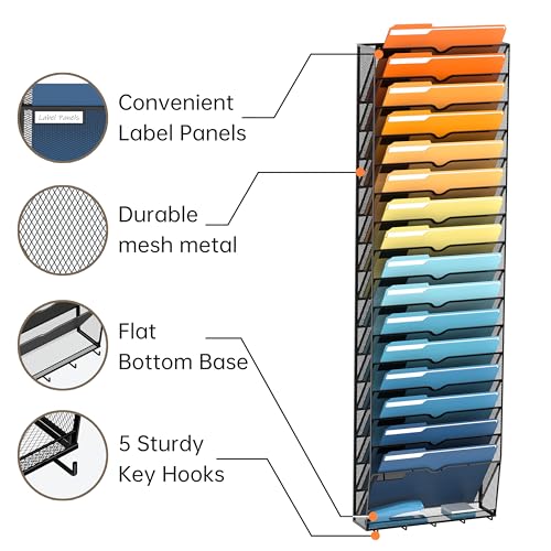 SUPEASY 17-Tier Wall File Holder Organizer with Hooks, Mesh Hanging File Organizer, Mail Organizer Wall Mounted for Papers, Folders, Office Magazine Rack, Black - Image 5