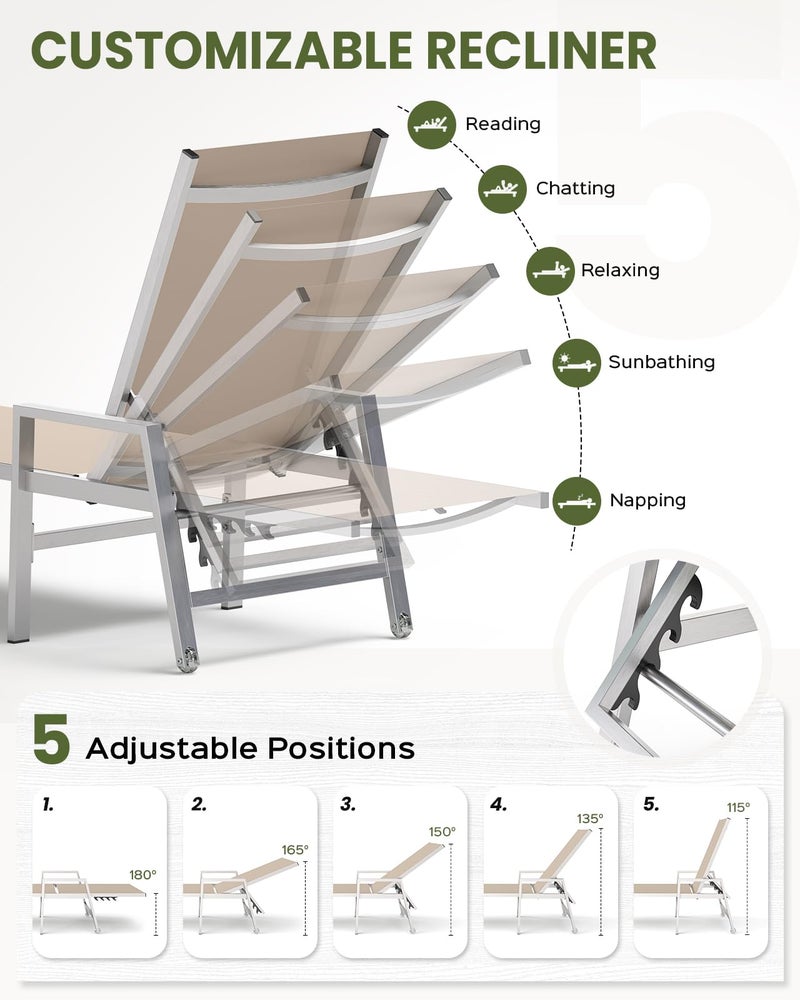 Vexwalx Patio Chaise Lounge Chair Outdoor with Wheels&Armrests, Aluminum Pool Lounge Chairs 5-Position Adjustable Recliner, Outdoor Beach Lounge Chairs for Poolside, Patio, Deck, Yard, Khaki - Image 3