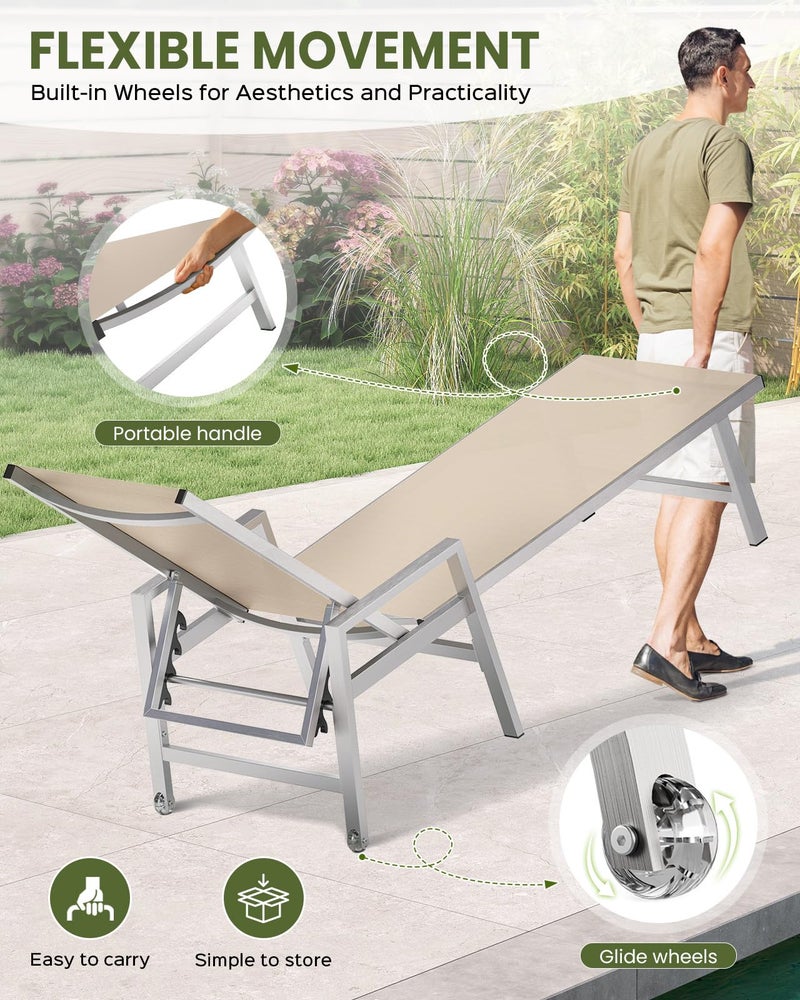 Vexwalx Patio Chaise Lounge Chair Outdoor with Wheels&Armrests, Aluminum Pool Lounge Chairs 5-Position Adjustable Recliner, Outdoor Beach Lounge Chairs for Poolside, Patio, Deck, Yard, Khaki - Image 4