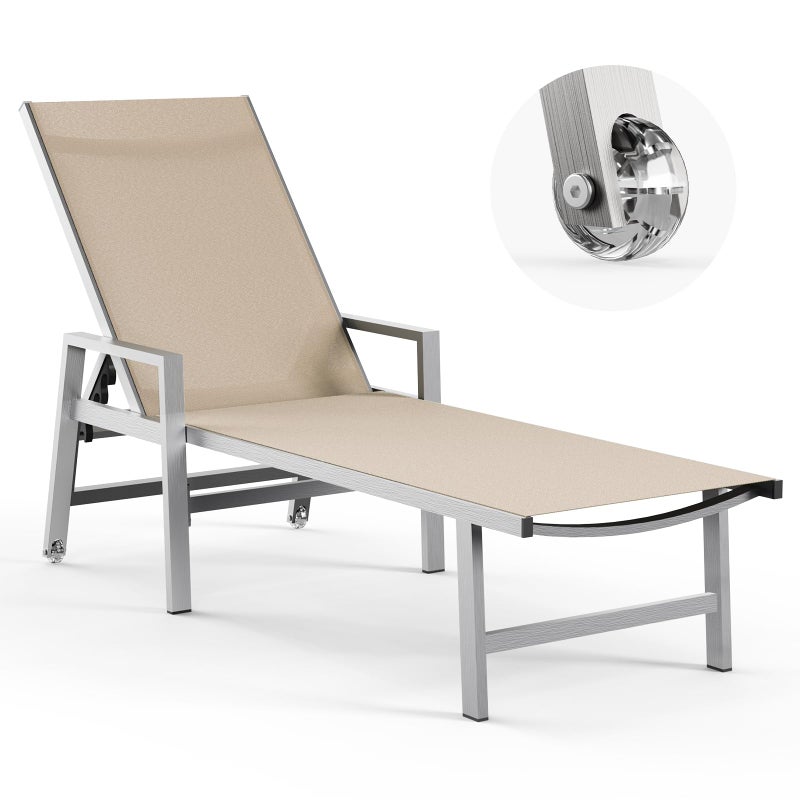 Vexwalx Patio Chaise Lounge Chair Outdoor with Wheels&Armrests, Aluminum Pool Lounge Chairs 5-Position Adjustable Recliner, Outdoor Beach Lounge Chairs for Poolside, Patio, Deck, Yard, Khaki - Image 1