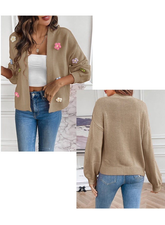 NIBEMINENT Women Fall Winter Knit Cardigan Sweaters Flower Open Front Button Down Loose Cropped Cardigan Outerwear Ladies Sweaters For Fall - Image 2