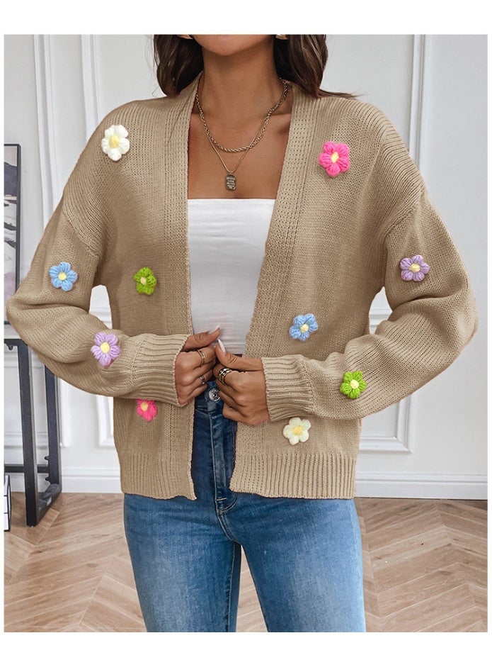NIBEMINENT Women Fall Winter Knit Cardigan Sweaters Flower Open Front Button Down Loose Cropped Cardigan Outerwear Ladies Sweaters For Fall - Image 1