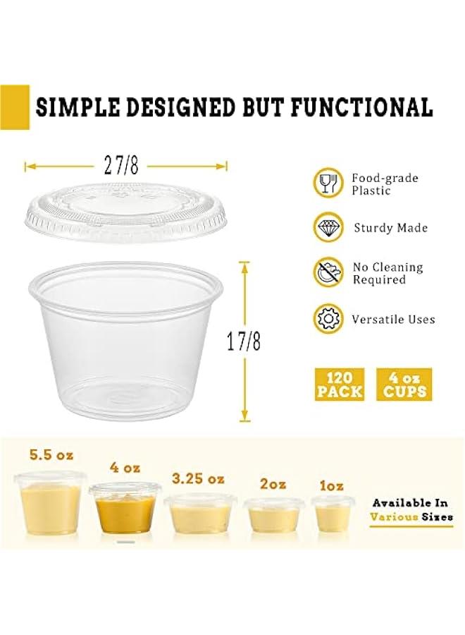 【120 Sets - 4 oz 】 Portion Cups With Lids, Small Plastic Containers with Lids, Airtight and Stackable Souffle Cups, Jello Shot Cups, Sauce Cups, Condiment Cups for Lunch, Party, Trips