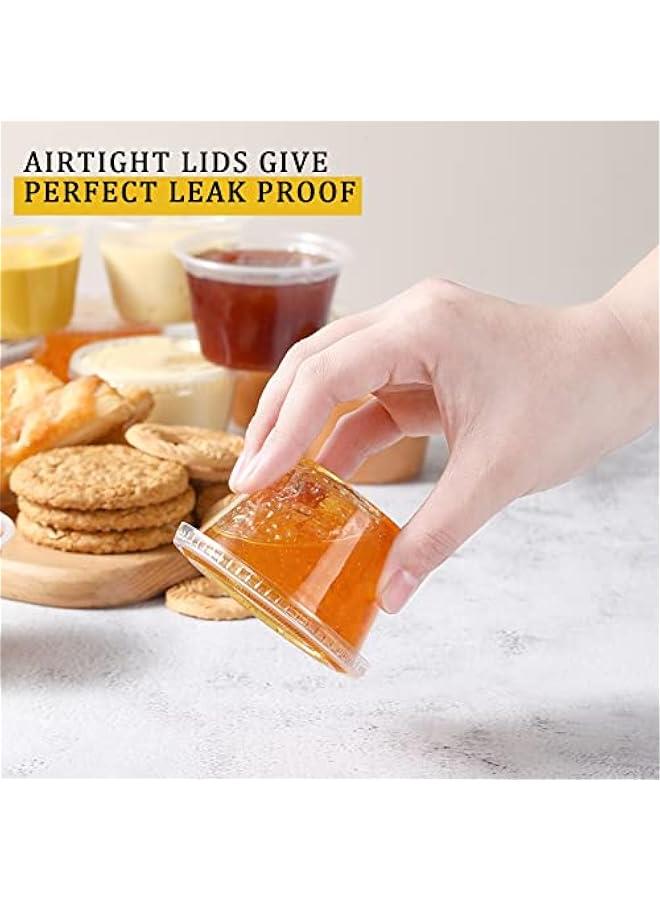 【120 Sets - 4 oz 】 Portion Cups With Lids, Small Plastic Containers with Lids, Airtight and Stackable Souffle Cups, Jello Shot Cups, Sauce Cups, Condiment Cups for Lunch, Party, Trips