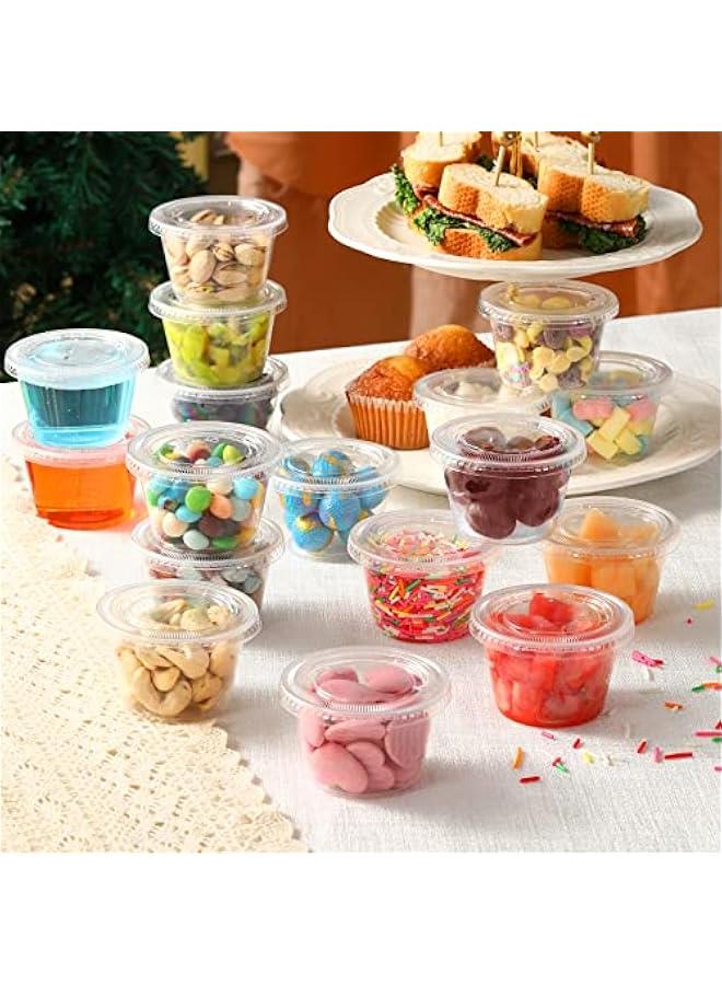 【120 Sets - 4 oz 】 Portion Cups With Lids, Small Plastic Containers with Lids, Airtight and Stackable Souffle Cups, Jello Shot Cups, Sauce Cups, Condiment Cups for Lunch, Party, Trips