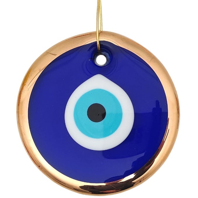 43 GLASS BLUE EVIL EYE WALL HANGING GOLD ORNAMENT TURKISH NAZAR BEAD HOME PROTECTION CHARM WALL DECOR AMULET IN A BOX LARGE