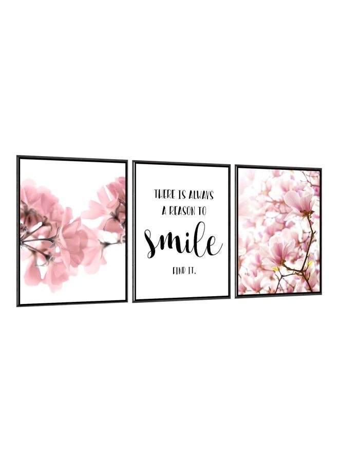 Framed Scandinavian Flower Canvas Poster Pink Magnolia Floral Print Painting Nordic Smile Quote Art Wall Pictures for Living Room Office Bedroom Home Decor -3 Pack (12 X 16Inch) - Image 1