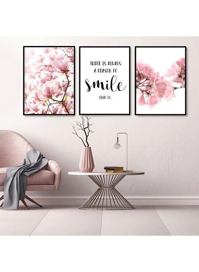 Framed Scandinavian Flower Canvas Poster Pink Magnolia Floral Print Painting Nordic Smile Quote Art Wall Pictures for Living Room Office Bedroom Home Decor -3 Pack (12 X 16Inch) - Image 2