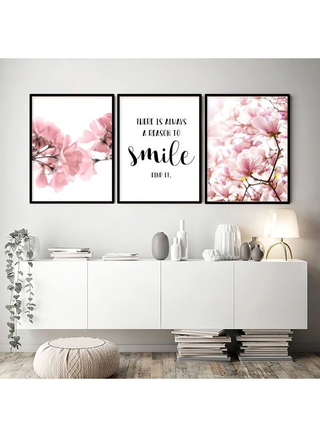 Framed Scandinavian Flower Canvas Poster Pink Magnolia Floral Print Painting Nordic Smile Quote Art Wall Pictures for Living Room Office Bedroom Home Decor -3 Pack (12 X 16Inch) - Image 3
