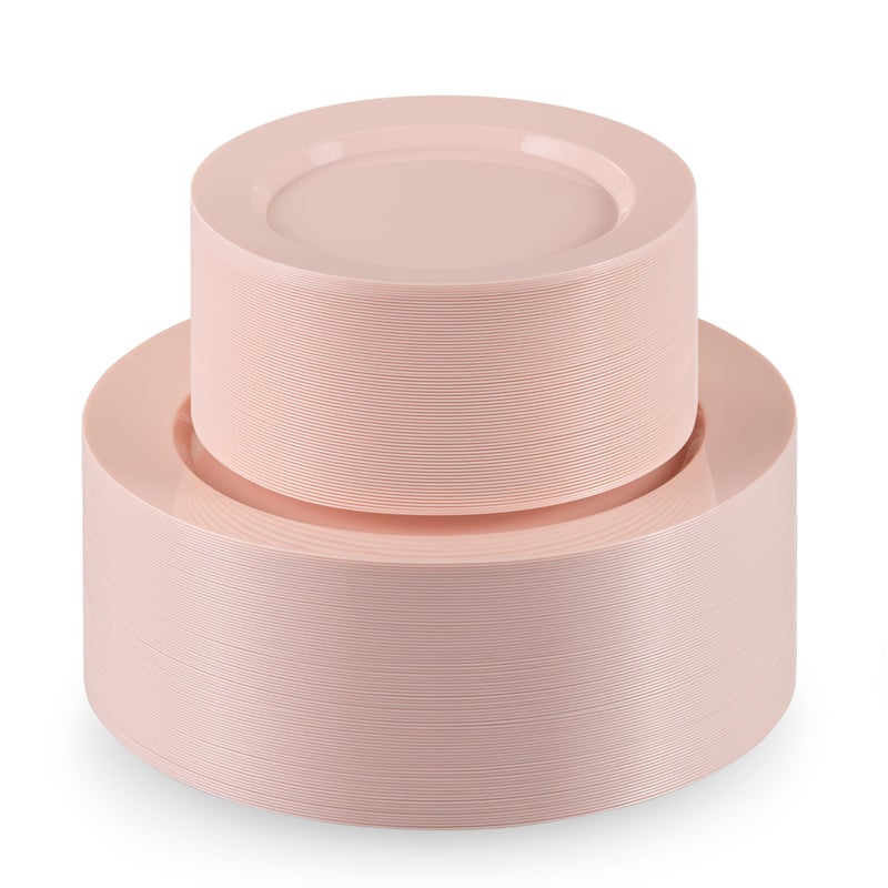 Munfix 100 Pink Plastic Plates Set  50 Pcs 10 Inch Plastic Dinner Plates and 50 Pcs 7 Inch Plastic Dessert Plates  Elegant Fancy Heavy Duty Disposable Plates for Party  Wedding  Pink - Image 1