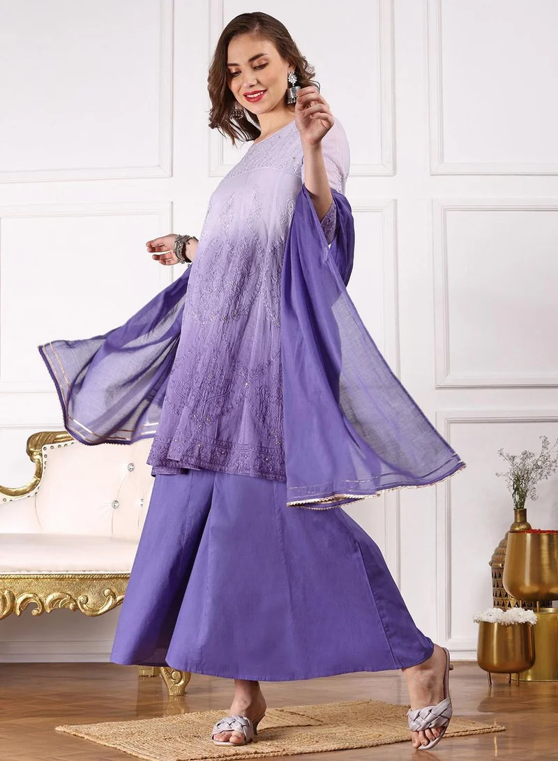 ISHIN Women's Blue 100% Cotton Embellished Tunic Full Length Palazzo Straight Fit Kurta Set