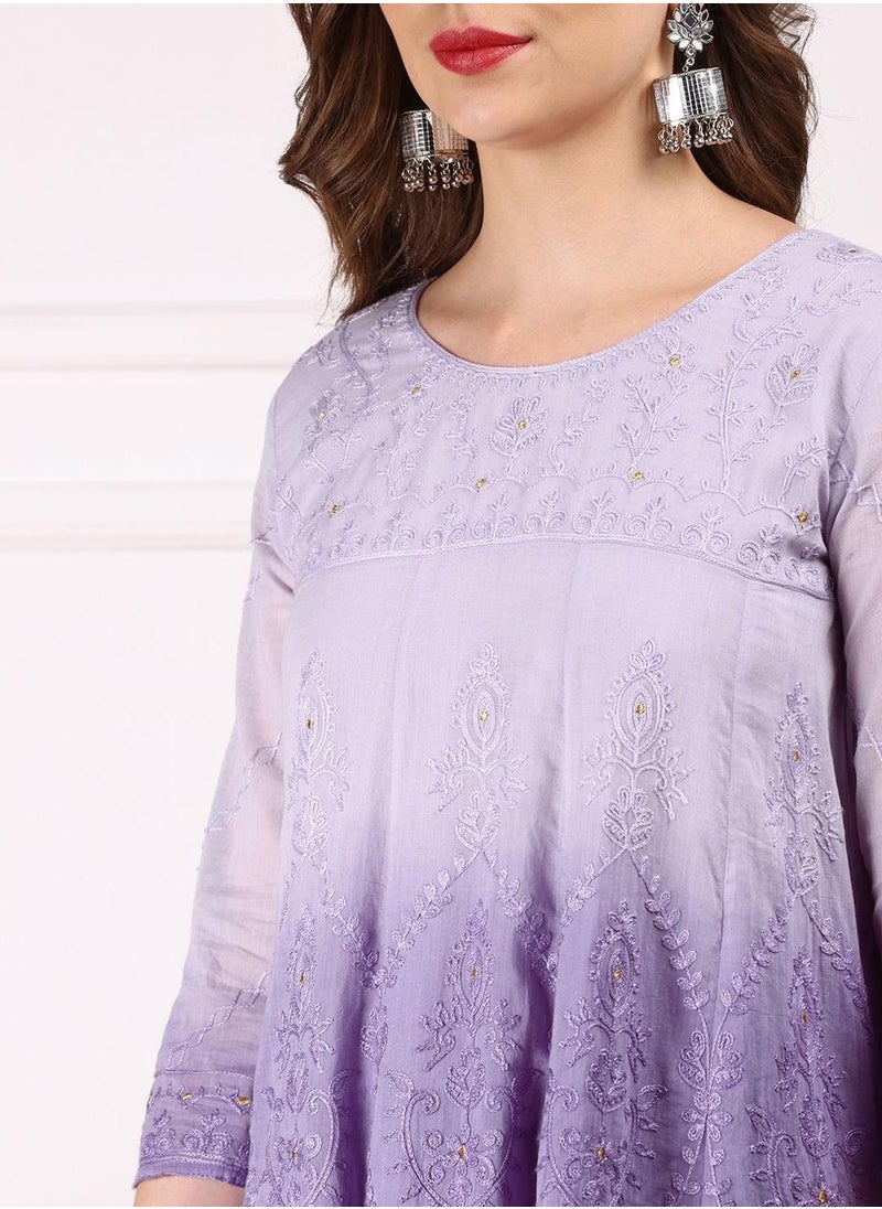 ISHIN Women's Blue 100% Cotton Embellished Tunic Full Length Palazzo Straight Fit Kurta Set  - Image 3