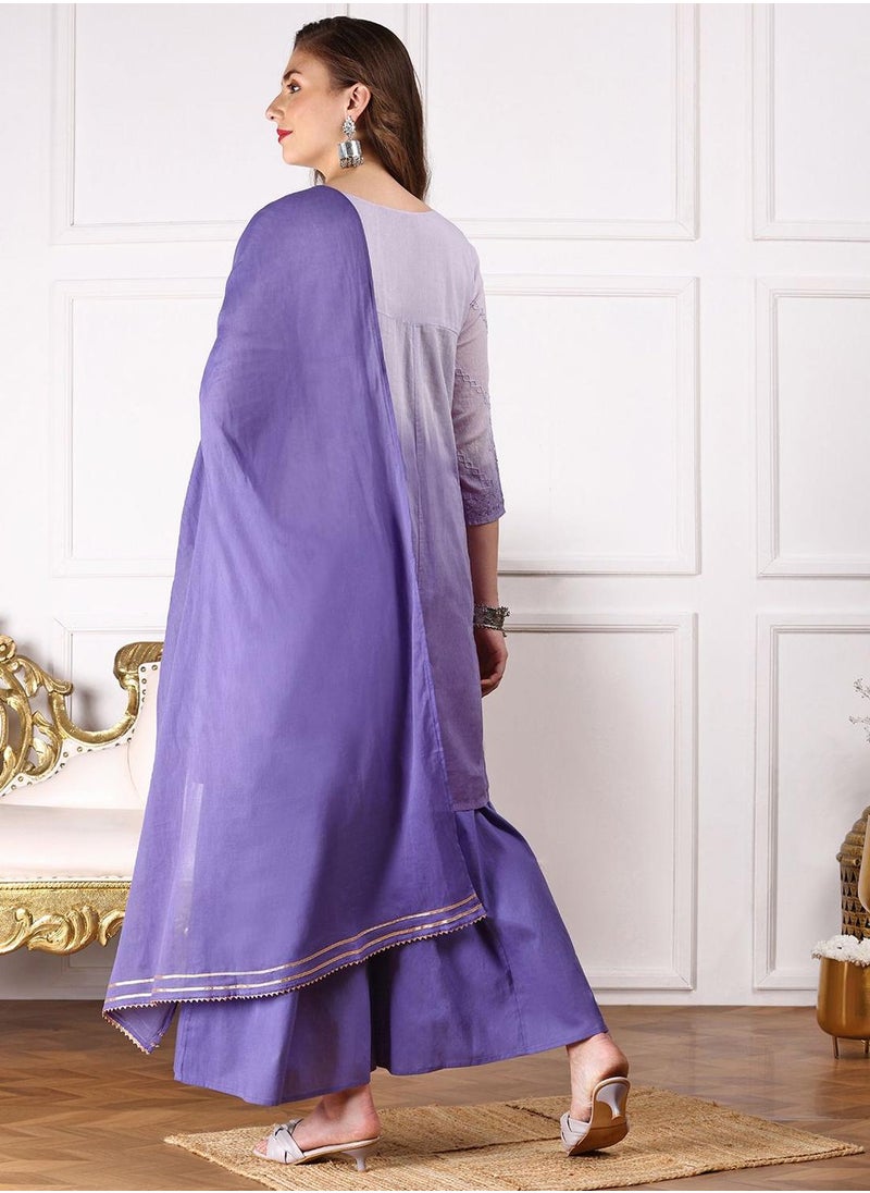 ISHIN Women's Blue 100% Cotton Embellished Tunic Full Length Palazzo Straight Fit Kurta Set  - Image 5