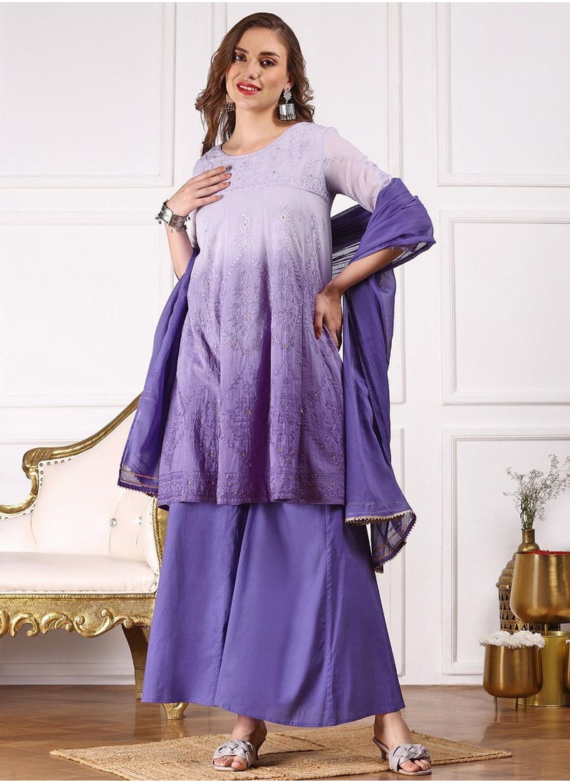 ISHIN Women's Blue 100% Cotton Embellished Tunic Full Length Palazzo Straight Fit Kurta Set  - Image 2