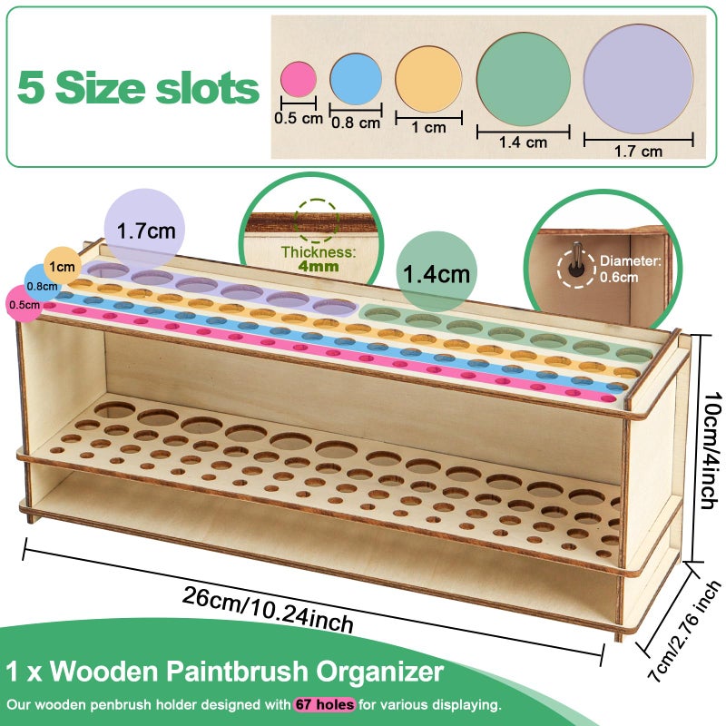 SBYURE Wooden Paint Brush Holder Artist Brush Holder 67 Hole Paintbrush Holder Desktop Organizer Wood Paint Brush Rack for Pens Pencils and Art Tools - Image 2