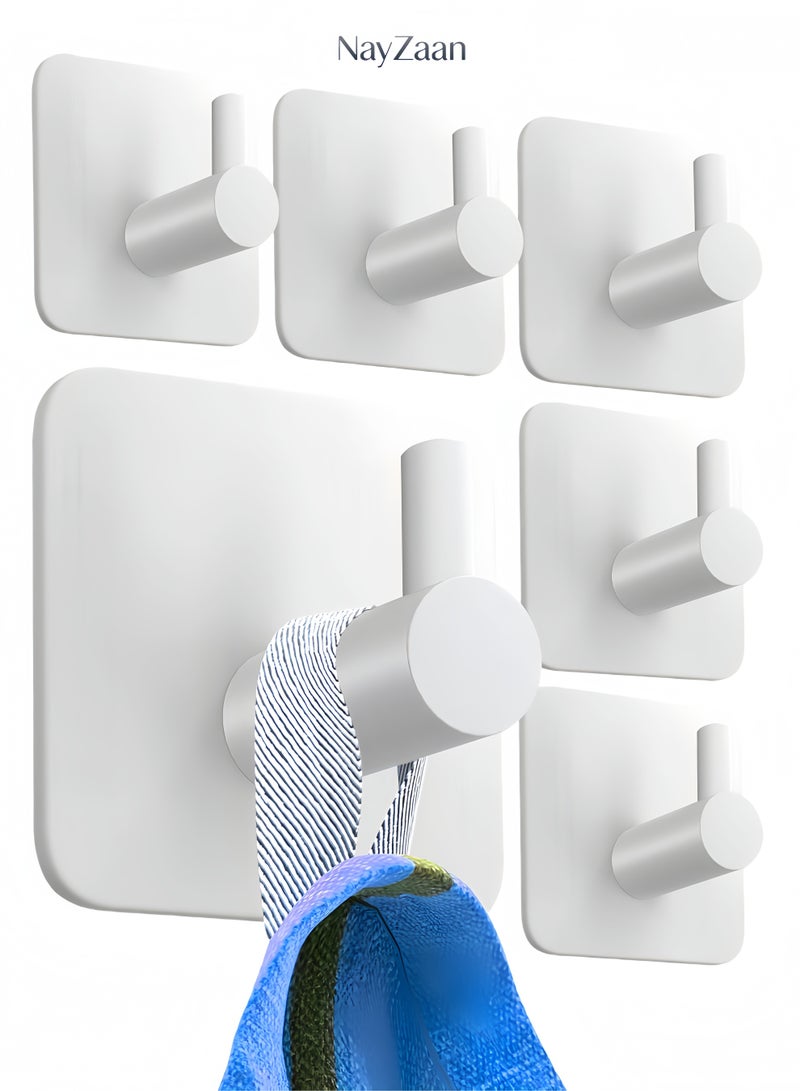 6-Pack Adhesive Towel Hooks for Bathrooms, White - Durable Self-Adhesive Robe Rack, Adhesive Wall Hooks, Sticky Towel Holder, Waterproof, No Drill - Image 1