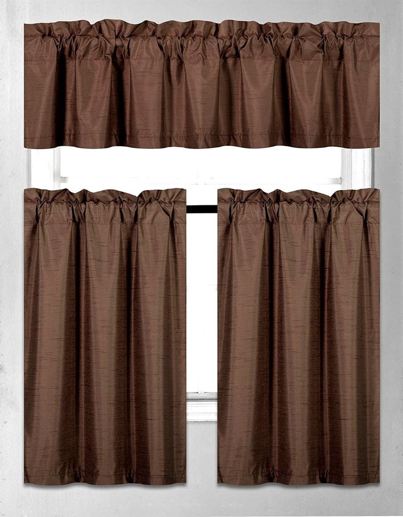 Fancy Linen Fancy Collection 3 Piece Faux Silk Blackout Kitchen Curtain Set - Tier Curtains and Valance - Solid Brown/Chocolate - Thermal Backing Drapes - Image 1