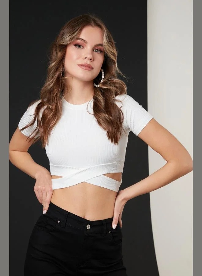 Lela Lela Ribbed Waist Detail Short Sleeve Slim Fit Crop Blouse Women's Blouse 5864211