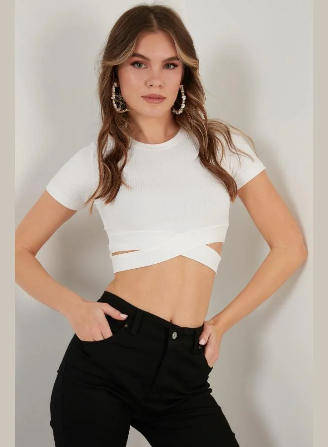 Lela Lela Ribbed Waist Detail Short Sleeve Slim Fit Crop Blouse Women's Blouse 5864211