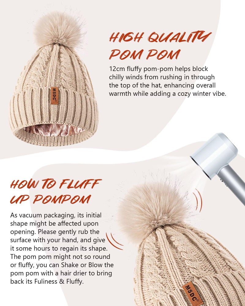 MSDC Satin Lined Beanie for Women with Pom Pom, Warm Womens Winter Hats with Silk Lined, Fashionable Cable Knit Beanie Skull Cap for Cold Weather(Army) - Image 5