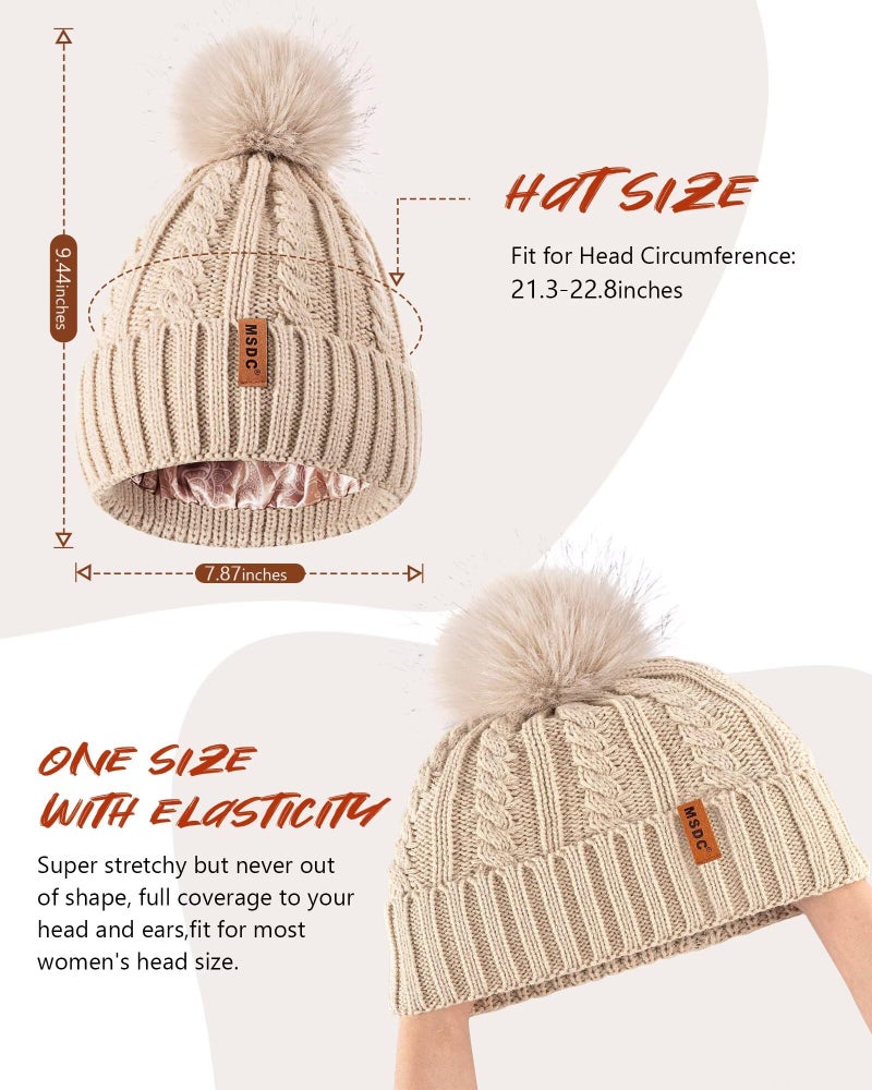 MSDC Satin Lined Beanie for Women with Pom Pom, Warm Womens Winter Hats with Silk Lined, Fashionable Cable Knit Beanie Skull Cap for Cold Weather(Army) - Image 3