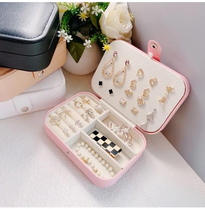 MEENAZ jewellery organisers box small PU Leather Zipper Portable Storage Box Case Dividers Container for Rings, Earrings, Necklace Home Organizer, Pink Locker Box For Jewellery Gift For Girls & Women - Image 2