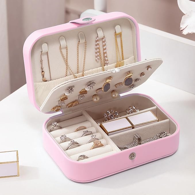 MEENAZ jewellery organisers box small PU Leather Zipper Portable Storage Box Case Dividers Container for Rings, Earrings, Necklace Home Organizer, Pink Locker Box For Jewellery Gift For Girls & Women - Image 3