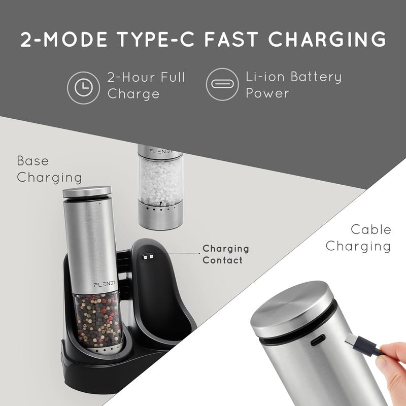 Flendy Electric Salt and Pepper Grinder Set Rechargeable, Automatic Salt and Pepper Grinder Set with Oversized Top Button, Stainless Steel Electric Salt and Pepper Shakers Set - Image 5