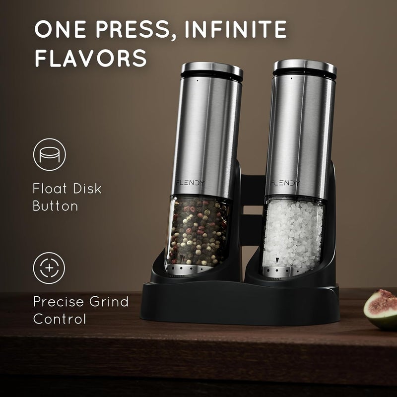Flendy Electric Salt and Pepper Grinder Set Rechargeable, Automatic Salt and Pepper Grinder Set with Oversized Top Button, Stainless Steel Electric Salt and Pepper Shakers Set - Image 2