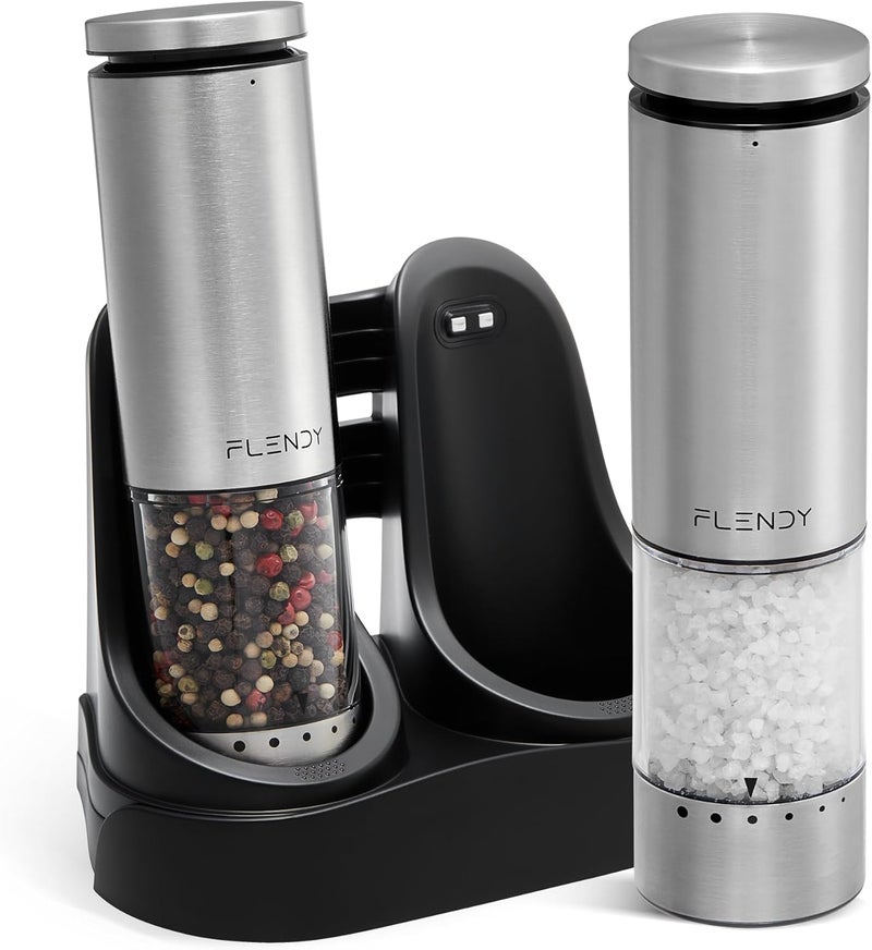 Flendy Electric Salt and Pepper Grinder Set Rechargeable, Automatic Salt and Pepper Grinder Set with Oversized Top Button, Stainless Steel Electric Salt and Pepper Shakers Set - Image 1