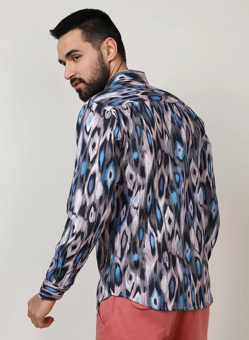 CAHOOT  Men's Sky Blue & Moon Grey Ikkat Shirt for Men | Best Price UAE