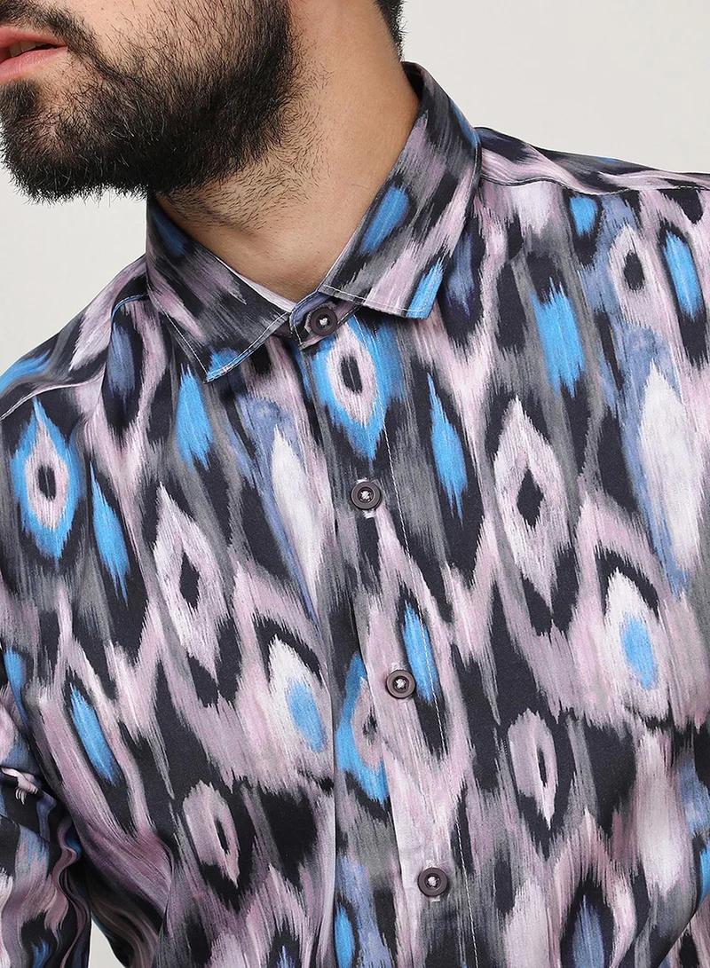 CAHOOT  Men's Sky Blue & Moon Grey Ikkat Shirt for Men | Best Price UAE