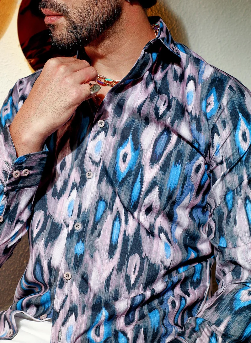 CAHOOT  Men's Sky Blue & Moon Grey Ikkat Shirt for Men | Best Price UAE
