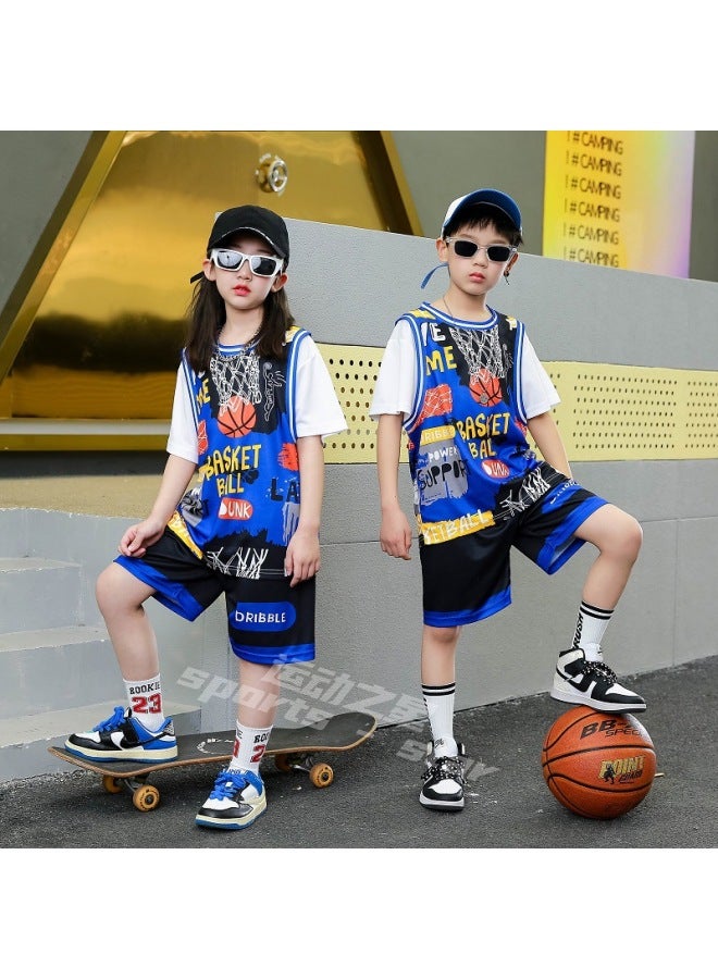 Basketball Clothing Suit Summer Quick-drying Short-sleeved Sportswear Fake Two Handsome Medium And Large Children's Clothing Jersey Custom