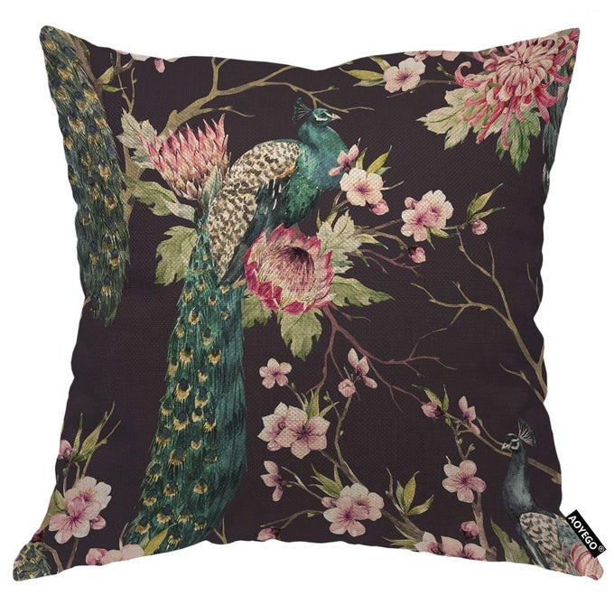 PEACOCK ON CHERRY TREE THROW PILLOW COVER BEAUTIFUL BIRD FEATHER WINGS FLORAL BRANCH BOTANICAL PILLOW CASE 18X18 INCH DECORATIVE COTTON LINEN SQUARE CUSHION FOR HOME COUCH BED