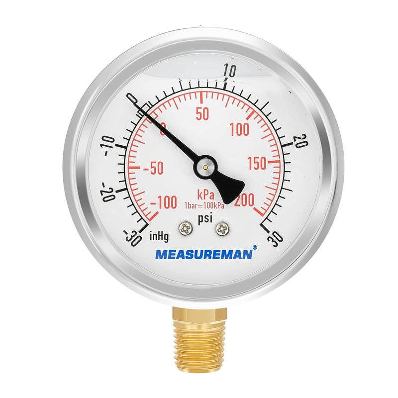 MEASUREMAN جهاز قياس الفراغ من ماركة ، مملوء بالجليسرين، حجم مؤشر 2-1/2 بوصة، نطاق قياس: -30 هجوم/ -100 كيلوباسكال - Image 1