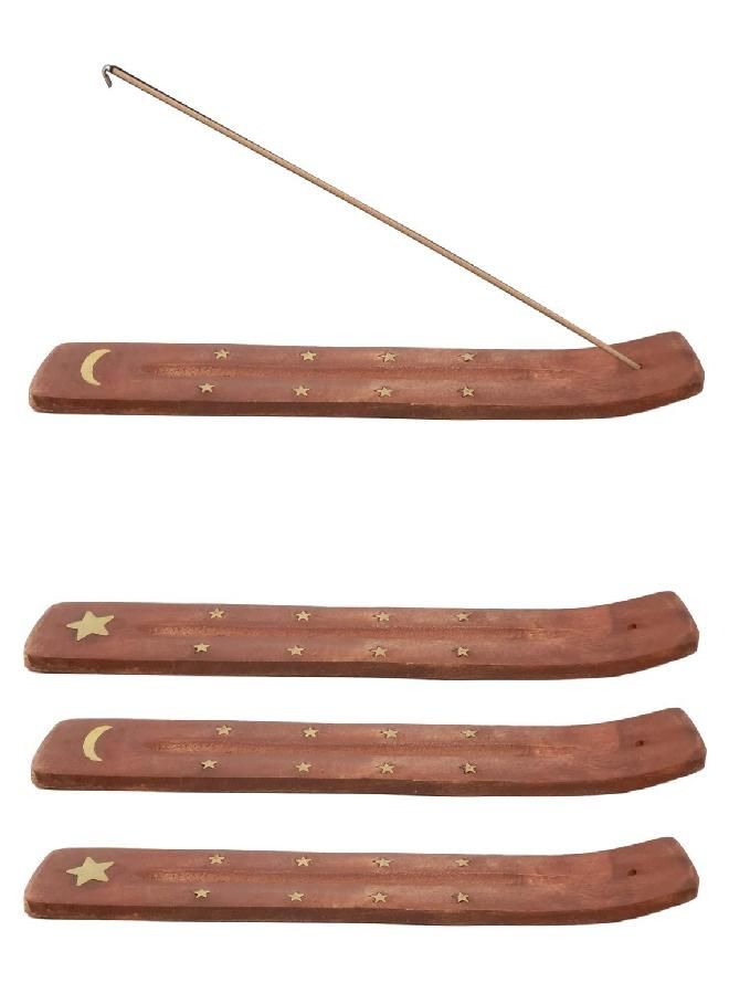 yueton 4pcs Traditional Vintage Wooden Incense Stick Holder Wood Incense Tray Handmade Incense Burner with Ash Catcher for Aromatherapy, Meditation, Yoga, Home, Office, Hotel, Buddhist Temple - Image 1
