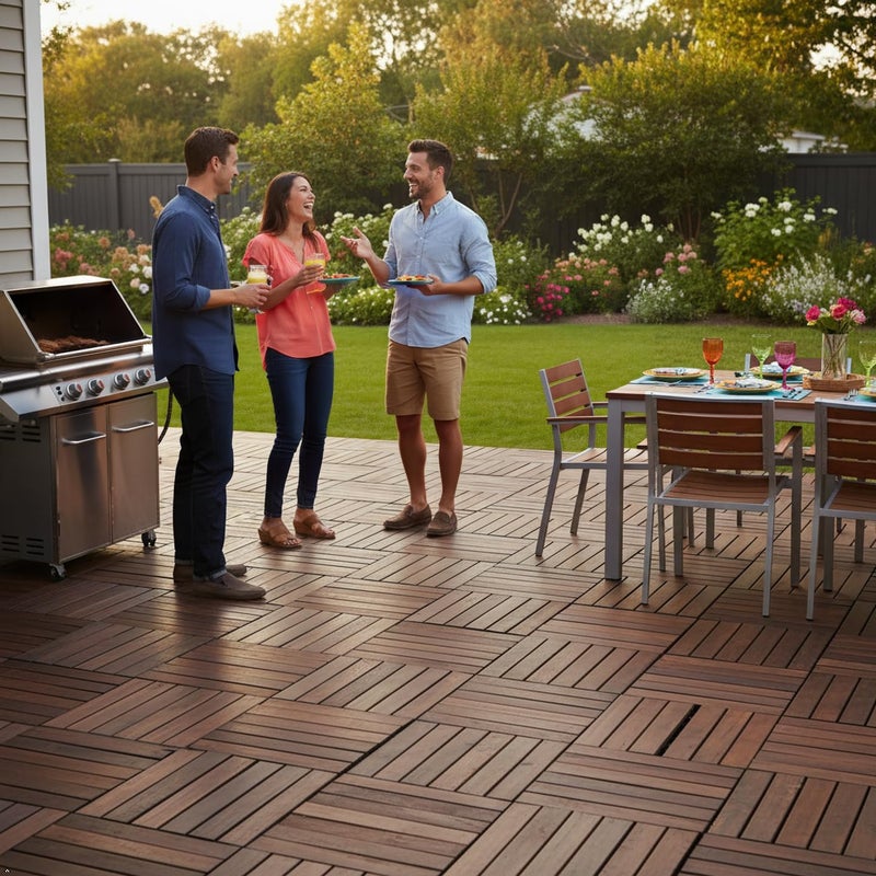 VICTORY RELAX Acacia Wood Decking Tiles 9PCS - Easy Snap Interlocking Deck Tiles for Patio Poolside Balcony Decor - All Weather Waterproof Flooring for Indoor & Outdoor (Round Joints) - Image 2
