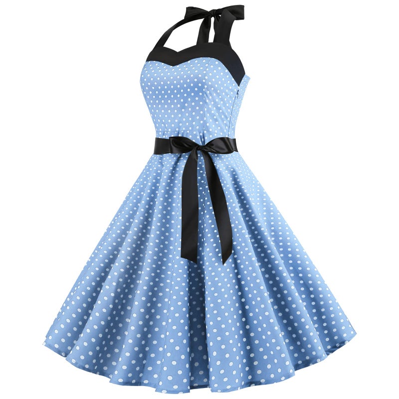 IKADEX Vintage Women 1950s Rockabilly Swing Dress Pinup 50s Retro Hepburn Style Halterneck A-Line Dresses #A: Light Blue S - Image 3