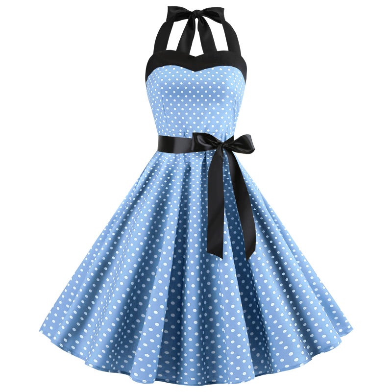 IKADEX Vintage Women 1950s Rockabilly Swing Dress Pinup 50s Retro Hepburn Style Halterneck A-Line Dresses #A: Light Blue S - Image 1
