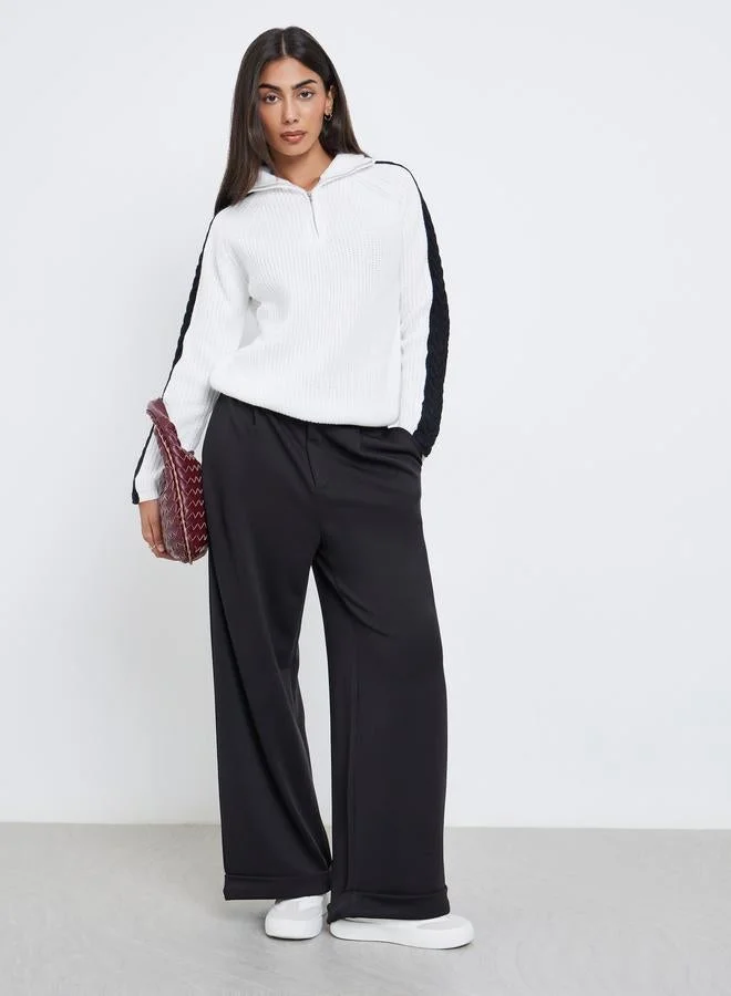 Styli Styli Off White Half-Zip Side Stripe Sweater