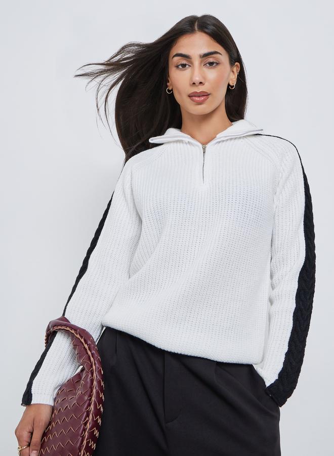 Styli Off White Half-Zip Side Stripe Sweater - Image 1