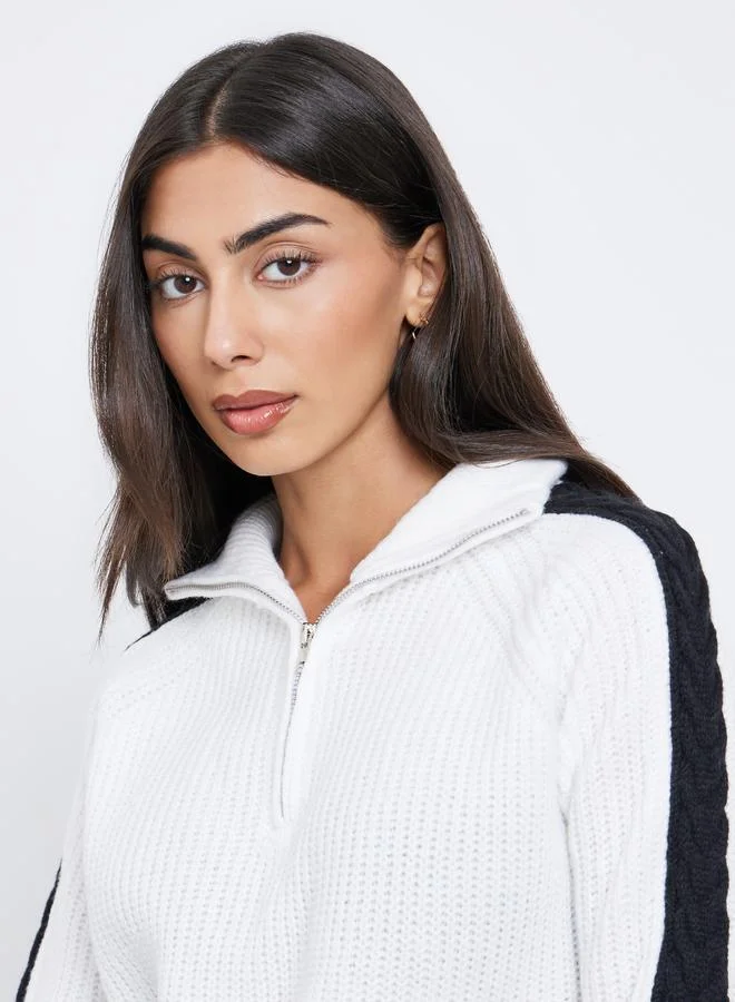 Styli Off White Half-Zip Side Stripe Sweater