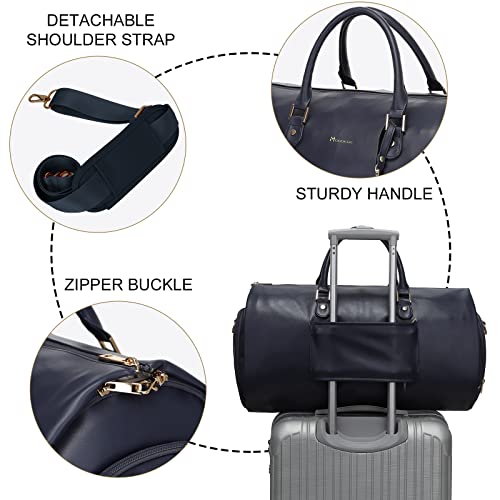 Modoker Women Convertible Leather Garment Bag with Shoulder Strap, PU Leather Garment Duffel Bag Carry on 2 in 1 Hanging Suitcase Suit Travel Bags, Blue - Image 5